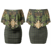 Hawaii Ohia Lehua Squares Family Matching Off Shoulder Short Dress and Hawaiian Shirt Hawaiian Quilt Inspired Floral Pattern LT9 Mom's Dress Green - Polynesian Pride