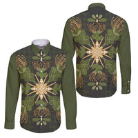 Hawaii Ohia Lehua Squares Family Matching Off Shoulder Short Dress and Hawaiian Shirt Hawaiian Quilt Inspired Floral Pattern LT9 Dad's Shirt - Long Sleeve Green - Polynesian Pride