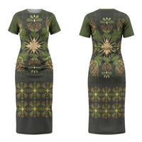 Hawaii Ohia Lehua Squares Family Matching Short Sleeve Bodycon Dress and Hawaiian Shirt Hawaiian Quilt Inspired Floral Pattern LT9 Mom's Dress Green - Polynesian Pride