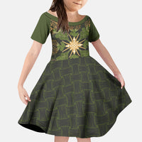 Hawaii Ohia Lehua Squares Kid Short Sleeve Dress Hawaiian Quilt Inspired Floral Pattern LT9 KID Green - Polynesian Pride