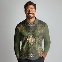 Hawaii Ohia Lehua Squares Long Sleeve Polo Shirt Hawaiian Quilt Inspired Floral Pattern