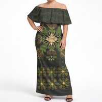 Hawaii Ohia Lehua Squares Off Shoulder Maxi Dress Hawaiian Quilt Inspired Floral Pattern LT9 Women Green - Polynesian Pride