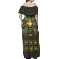 Hawaii Ohia Lehua Squares Off Shoulder Maxi Dress Hawaiian Quilt Inspired Floral Pattern
