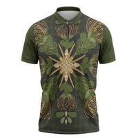 Hawaii Ohia Lehua Squares Zipper Polo Shirt Hawaiian Quilt Inspired Floral Pattern LT9 Green - Polynesian Pride