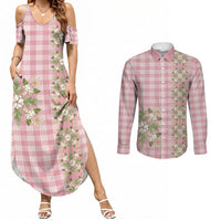 Akala Hamele Hawai'i Palaka Squares Maile Leaf Couples Matching Summer Maxi Dress and Long Sleeve Button Shirt Flowers Hawaiian Quilt Patterns