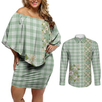 Liko Kukui Hawai'i Palaka Squares Maile Leaf Couples Matching Off Shoulder Short Dress and Long Sleeve Button Shirt Flowers Hawaiian Quilt Patterns