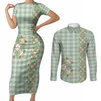 Liko Kukui Hawai'i Palaka Squares Maile Leaf Couples Matching Short Sleeve Bodycon Dress and Long Sleeve Button Shirt Flowers Hawaiian Quilt Patterns