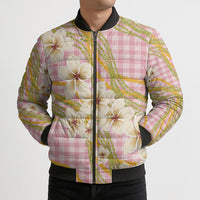 Akala Hamele Palaka Plumeria Bomber Puffer Jacket Puakenikeni and Maile Lei