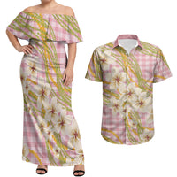 Akala Hamele Palaka Plumeria Couples Matching Off Shoulder Maxi Dress and Hawaiian Shirt Puakenikeni and Maile Lei
