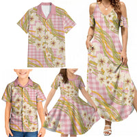 Akala Hamele Palaka Plumeria Family Matching Summer Maxi Dress and Hawaiian Shirt Puakenikeni and Maile Lei