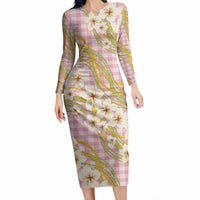 Akala Hamele Palaka Plumeria Long Sleeve Bodycon Dress Puakenikeni and Maile Lei
