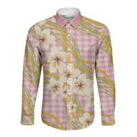 Akala Hamele Palaka Plumeria Long Sleeve Button Shirt Puakenikeni and Maile Lei