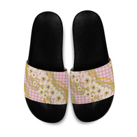 Akala Hamele Palaka Plumeria Slide Sandals Puakenikeni and Maile Lei