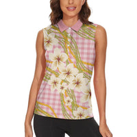 Akala Hamele Palaka Plumeria Women Sleeveless Polo Shirt Puakenikeni and Maile Lei