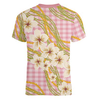 Akala Hamele Palaka Plumeria Women V-Neck T-Shirt Puakenikeni and Maile Lei