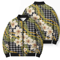 Ele'ele Hawai'i Palaka Plumeria Bomber Puffer Jacket Puakenikeni and Maile Lei