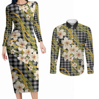 Ele'ele Hawai'i Palaka Plumeria Couples Matching Long Sleeve Bodycon Dress and Long Sleeve Button Shirt Puakenikeni and Maile Lei