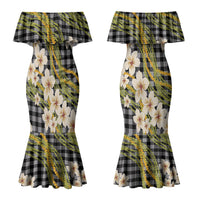Ele'ele Hawai'i Palaka Plumeria Couples Matching Mermaid Dress and Hawaiian Shirt Puakenikeni and Maile Lei