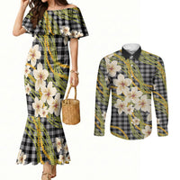 Ele'ele Hawai'i Palaka Plumeria Couples Matching Mermaid Dress and Long Sleeve Button Shirt Puakenikeni and Maile Lei