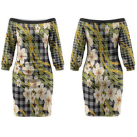 Ele'ele Hawai'i Palaka Plumeria Couples Matching Off The Shoulder Long Sleeve Dress and Hawaiian Shirt Puakenikeni and Maile Lei