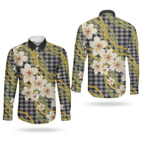 Ele'ele Hawai'i Palaka Plumeria Couples Matching Summer Maxi Dress and Long Sleeve Button Shirt Puakenikeni and Maile Lei