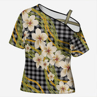 Ele'ele Hawai'i Palaka Plumeria Cross Shoulder Shirt Puakenikeni and Maile Lei