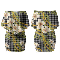 Ele'ele Hawai'i Palaka Plumeria Family Matching Off Shoulder Short Dress and Hawaiian Shirt Puakenikeni and Maile Lei