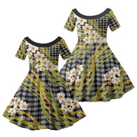 Ele'ele Hawai'i Palaka Plumeria Family Matching Off Shoulder Short Dress and Hawaiian Shirt Puakenikeni and Maile Lei