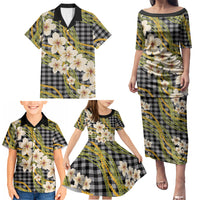 Ele'ele Hawai'i Palaka Plumeria Family Matching Puletasi and Hawaiian Shirt Puakenikeni and Maile Lei