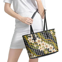 Ele'ele Hawai'i Palaka Plumeria Leather Tote Bag Puakenikeni and Maile Lei