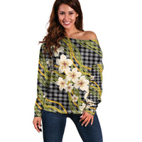 Ele'ele Hawai'i Palaka Plumeria Off Shoulder Sweater Puakenikeni and Maile Lei