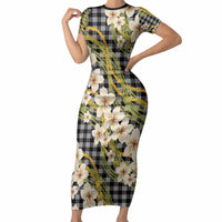 Ele'ele Hawai'i Palaka Plumeria Short Sleeve Bodycon Dress Puakenikeni and Maile Lei