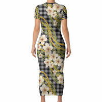 Ele'ele Hawai'i Palaka Plumeria Short Sleeve Bodycon Dress Puakenikeni and Maile Lei