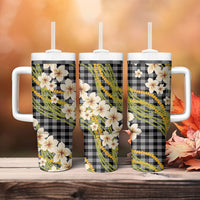 Ele'ele Hawai'i Palaka Plumeria Tumbler With Handle Puakenikeni and Maile Lei