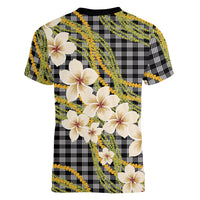 Ele'ele Hawai'i Palaka Plumeria Women V-Neck T-Shirt Puakenikeni and Maile Lei