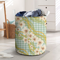 Liko Kukui Hawai'i Palaka Plumeria Laundry Basket Puakenikeni and Maile Lei