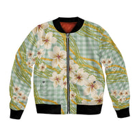 Liko Kukui Hawai'i Palaka Plumeria Bomber Jacket Puakenikeni and Maile Lei