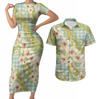 Liko Kukui Hawai'i Palaka Plumeria Couples Matching Short Sleeve Bodycon Dress and Hawaiian Shirt Puakenikeni and Maile Lei