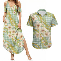 Liko Kukui Hawai'i Palaka Plumeria Couples Matching Summer Maxi Dress and Hawaiian Shirt Puakenikeni and Maile Lei