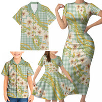 Liko Kukui Hawai'i Palaka Plumeria Family Matching Short Sleeve Bodycon Dress and Hawaiian Shirt Puakenikeni and Maile Lei