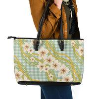Liko Kukui Hawai'i Palaka Plumeria Leather Tote Bag Puakenikeni and Maile Lei