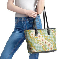Liko Kukui Hawai'i Palaka Plumeria Leather Tote Bag Puakenikeni and Maile Lei