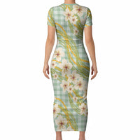 Liko Kukui Hawai'i Palaka Plumeria Short Sleeve Bodycon Dress Puakenikeni and Maile Lei