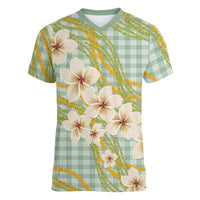 Liko Kukui Hawai'i Palaka Plumeria Women V-Neck T-Shirt Puakenikeni and Maile Lei