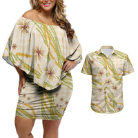 Melemele Ahiahia Hawai'i Palaka Plumeria Couples Matching Off Shoulder Short Dress and Hawaiian Shirt Puakenikeni and Maile Lei