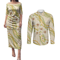 Melemele Ahiahia Hawai'i Palaka Plumeria Couples Matching Puletasi and Long Sleeve Button Shirt Puakenikeni and Maile Lei