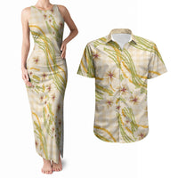 Melemele Ahiahia Hawai'i Palaka Plumeria Couples Matching Tank Maxi Dress and Hawaiian Shirt Puakenikeni and Maile Lei