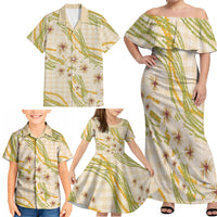 Melemele Ahiahia Hawai'i Palaka Plumeria Family Matching Off Shoulder Maxi Dress and Hawaiian Shirt Puakenikeni and Maile Lei