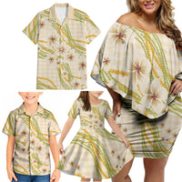 Melemele Ahiahia Hawai'i Palaka Plumeria Family Matching Off Shoulder Short Dress and Hawaiian Shirt Puakenikeni and Maile Lei