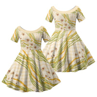 Melemele Ahiahia Hawai'i Palaka Plumeria Family Matching Off Shoulder Short Dress and Hawaiian Shirt Puakenikeni and Maile Lei